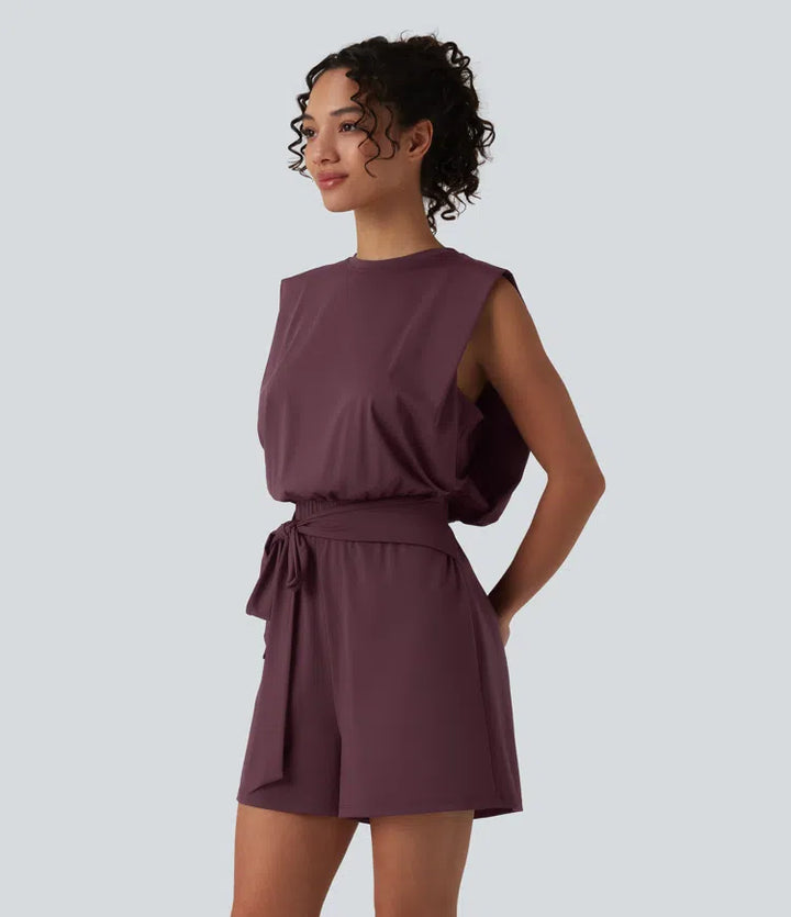 Round Neck Sleeveless Tie-front InstantCool Casual Playsuit with Pockets-Easy Peezy-UPF50+