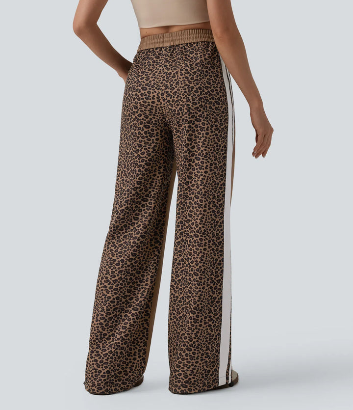 Mid Rise Drawstring colourBlock Stripes Contrast Leopard Casual Baggy Trousers with Pockets