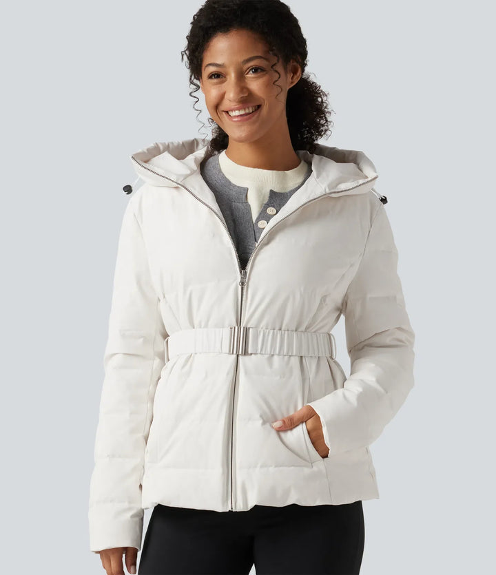 Hooded Long Sleeve Belted Work Down Jacket with Pockets