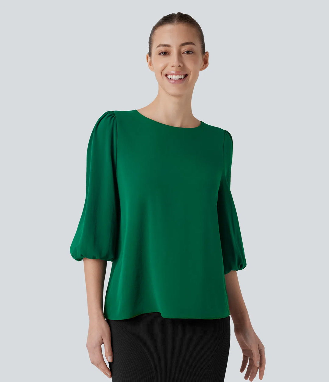 Boat Neck Keyhole Back Bishop Sleeve Work Linen-Feel Blouse