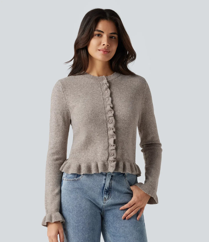 Round Neck Ruffle Long Sleeve Work Wool-Blend Cardigan