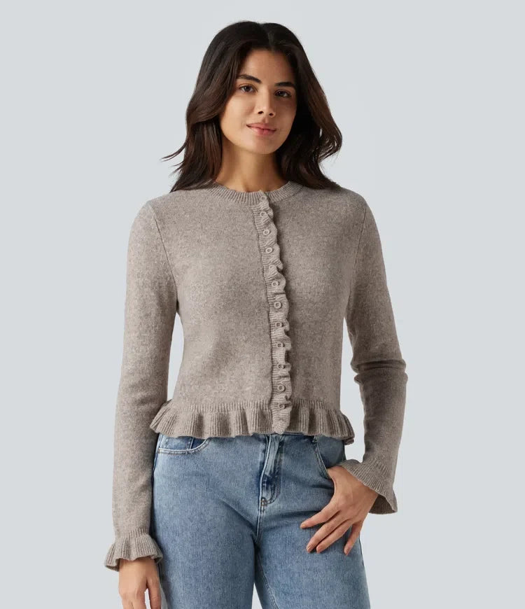 Round Neck Ruffle Long Sleeve Work Wool-Blend Cardigan