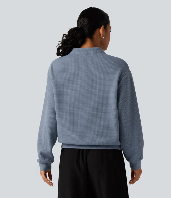V Neck Long Sleeve Waffle Casual Sweatshirt