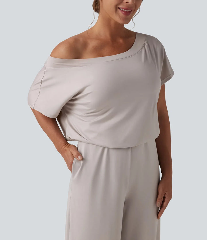 One-shoulder Short Sleeve Split Hem Casual Jumpsuit with Pockets-Easy Peezy