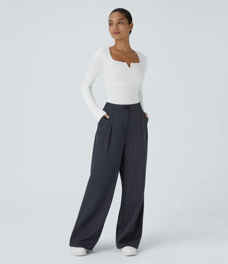 High Waisted Zipper Pocket Wide Leg Baggy Striped Work Trousers