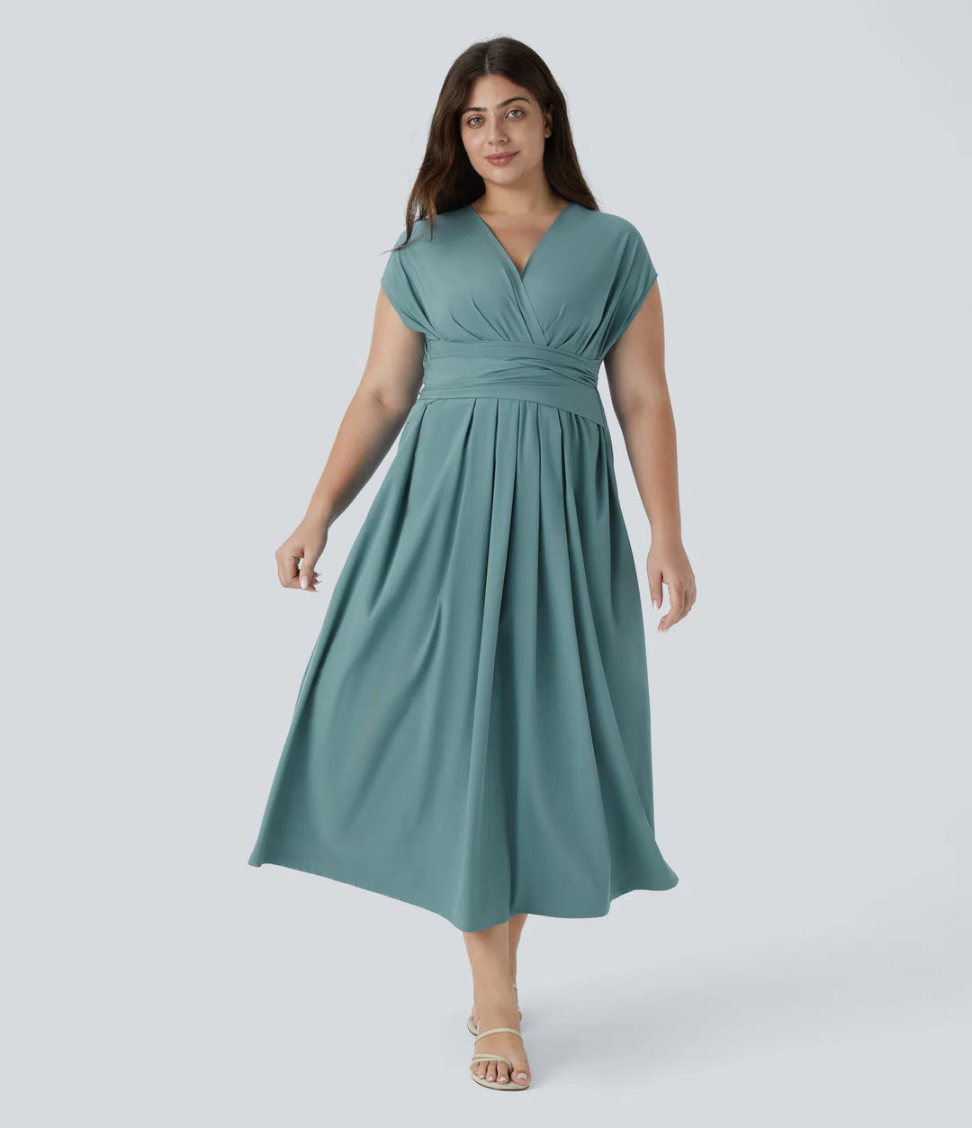 Breezeful V Neck Short Sleeve Side Pocket Tie Back Quick Dry Midi Casual Plus Size Dress