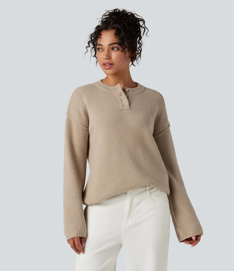 Henley Neck Long Sleeve Waffle Casual Jumper
