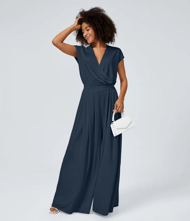 V Neck Short Sleeve Side Pocket Wide Leg Flowy Waffle Casual Jumpsuit