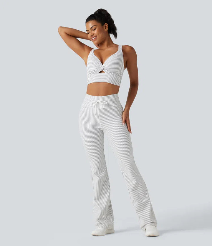 High Waisted Drawstring Stripe Flare Yoga Trousers with Pockets