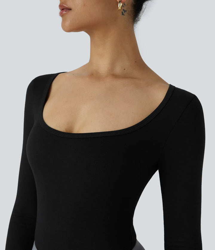U Neck Long Sleeve Snap Button Skinny Work Bodysuit