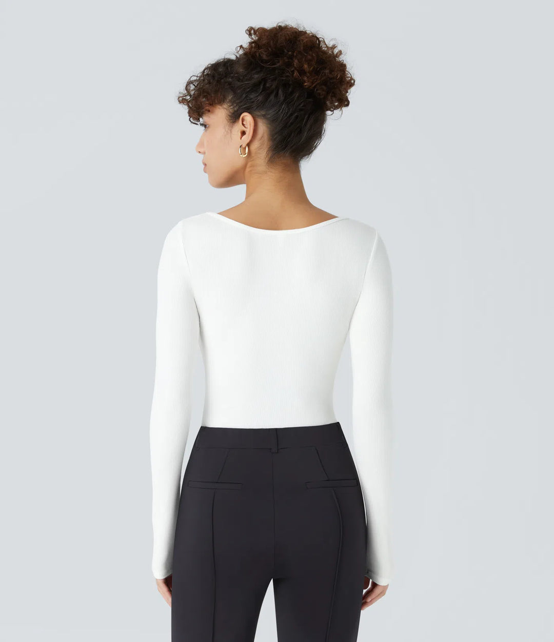 Ribbed Knit Square Neck Long Sleeve Skinny Casual Bodysuit