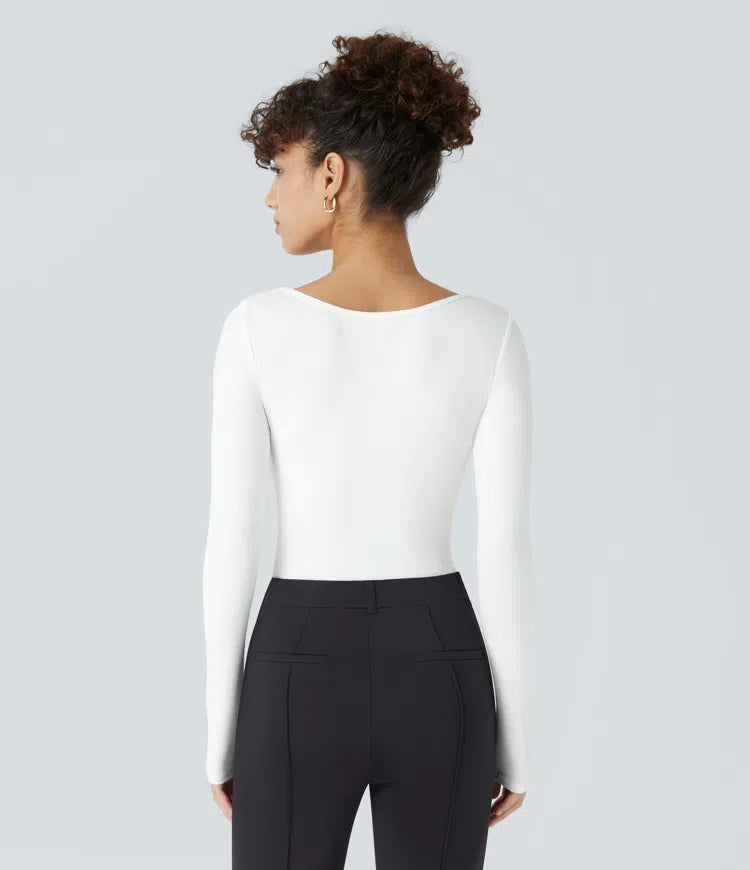 Ribbed Knit Square Neck Long Sleeve Skinny Casual Bodysuit