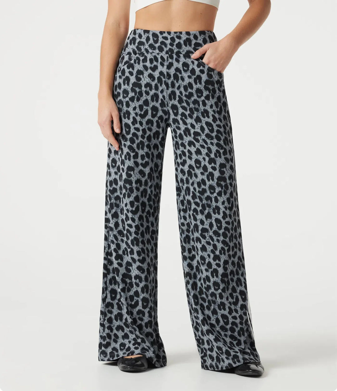 High Waisted Baggy Color Block Leopard Print Waffle Casual Trousers with Pockets