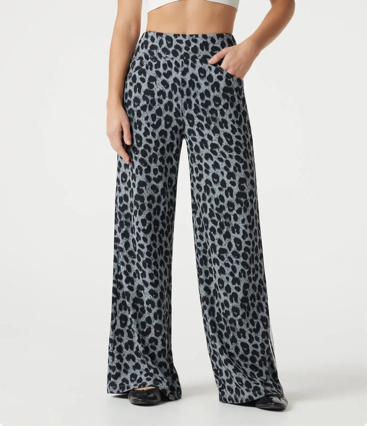 High Waisted Baggy Color Block Leopard Print Waffle Casual Trousers with Pockets
