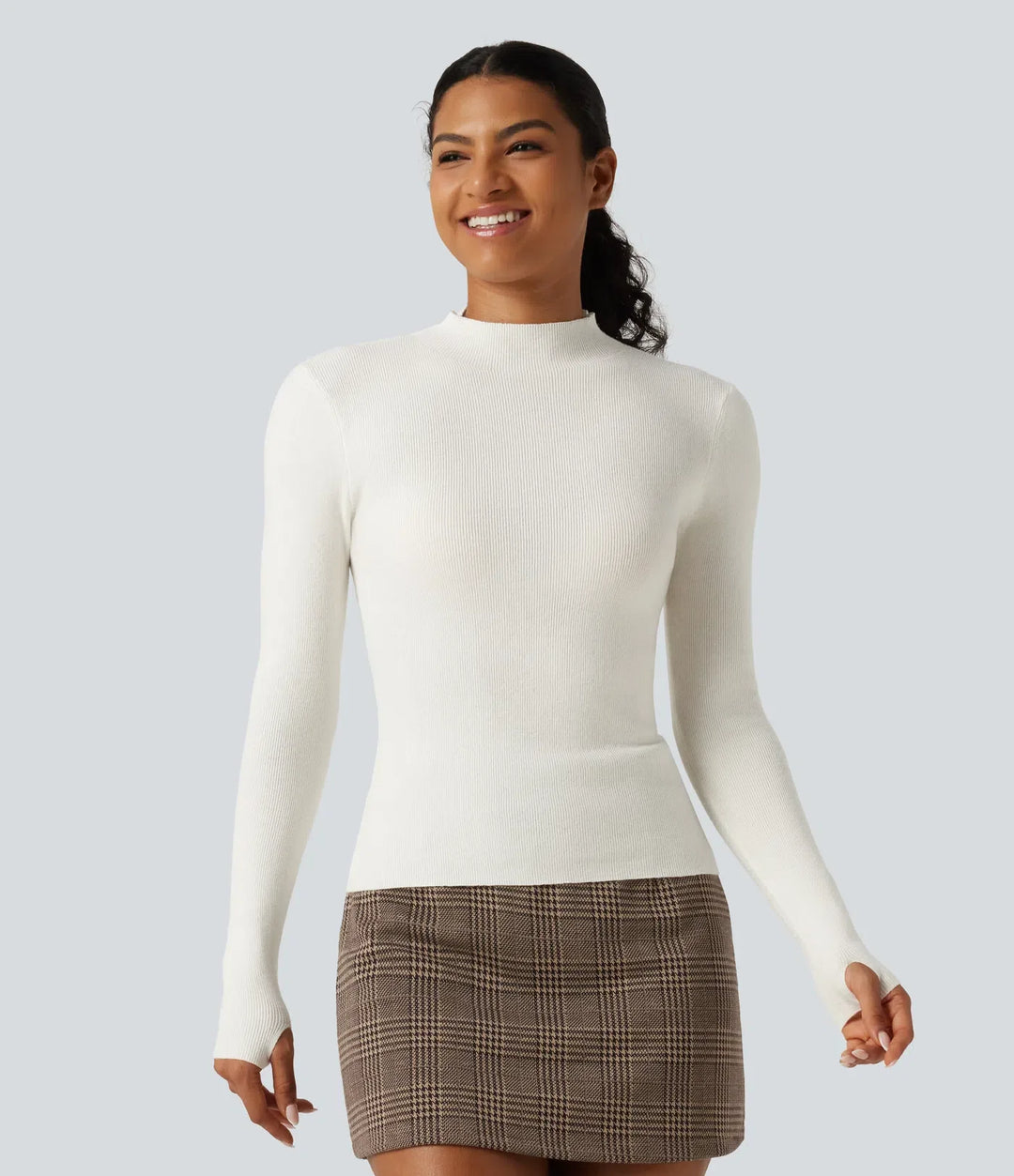 Mock Neck Long Sleeve Thumb Hole Work Wool-Blend Jumper
