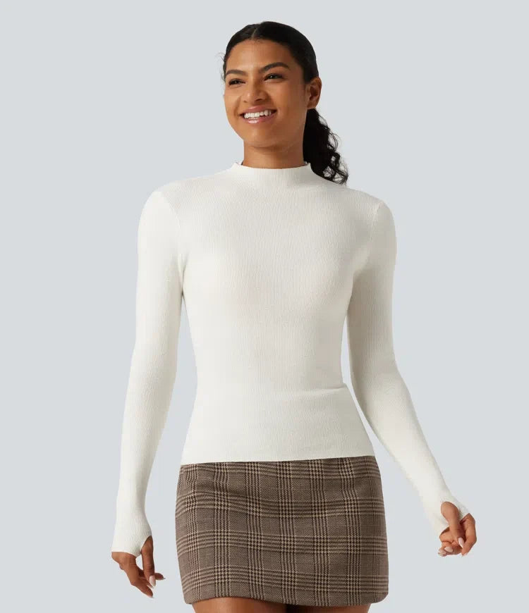 Mock Neck Long Sleeve Thumb Hole Work Wool-Blend Jumper