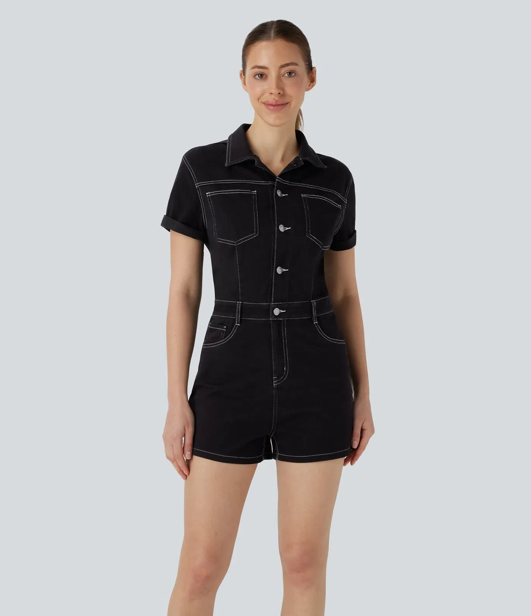 Halara Flex Short Sleeve Washed Denim Casual Utility Romper with Pockets