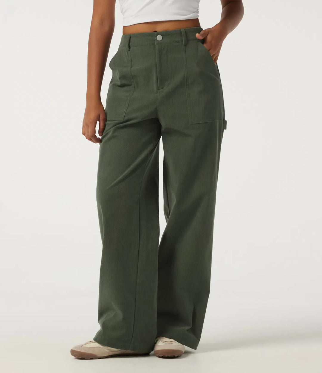 Mid Rise Wide Leg Corduroy Casual Trousers with Pockets