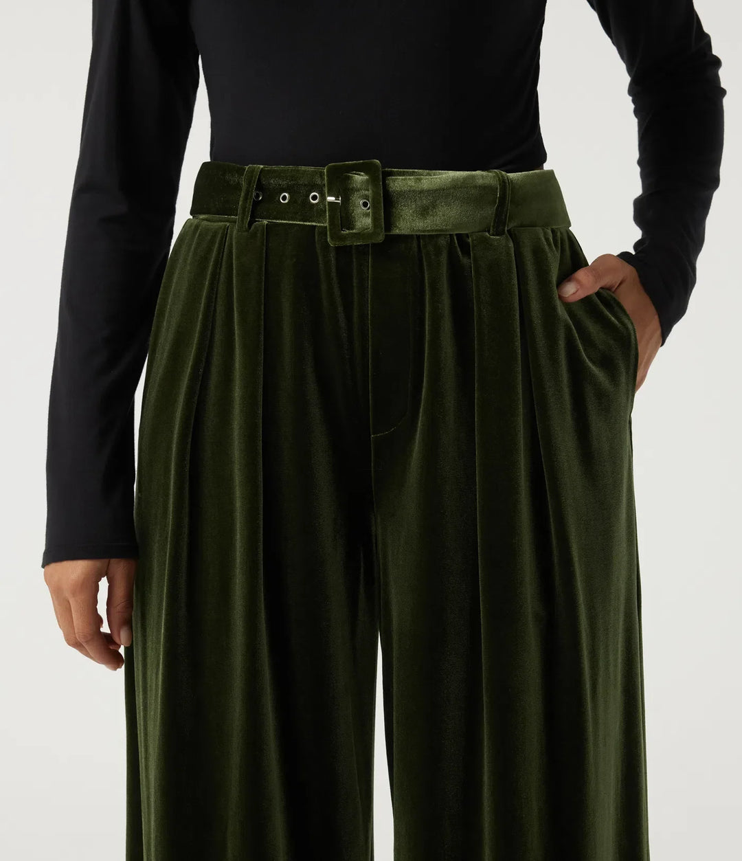 High Waisted Belted Wide Leg Velvet Casual Trousers with Pockets