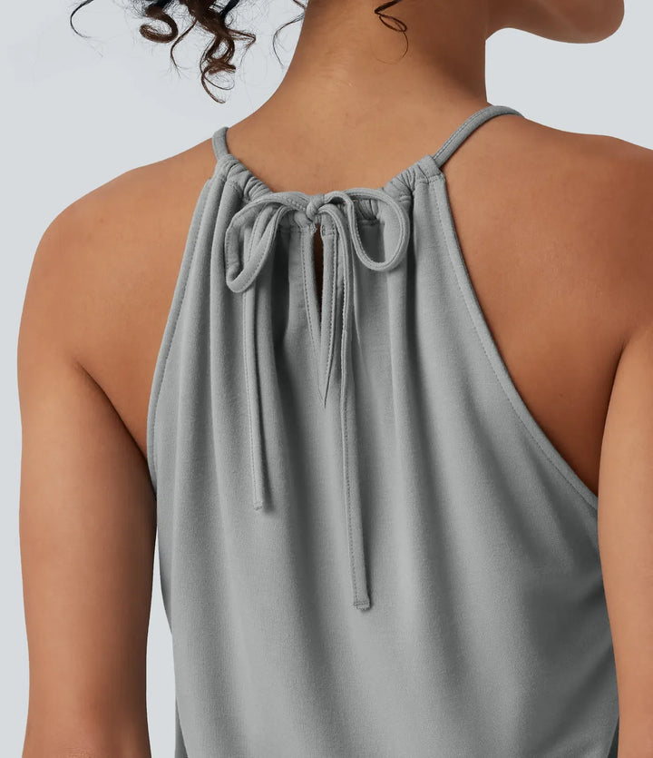 Halter Sleeveless Tie-back Pleated Casual Romper with Pockets-Easy Peezy