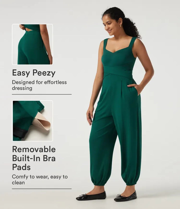 Diamond Collar Sleeveless Casual Jumpsuit with Built-in Bra and Pockets -Easy Peezy Edition