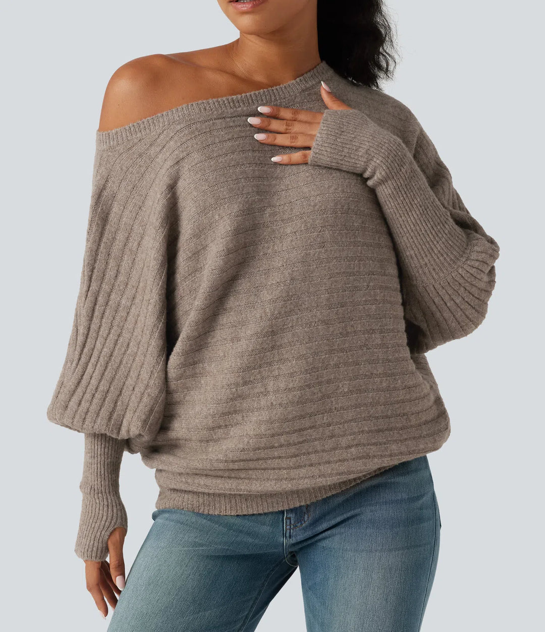 Boat Neck Batwing Long Sleeve Thumb Hole Casual Wool-Blend Jumper