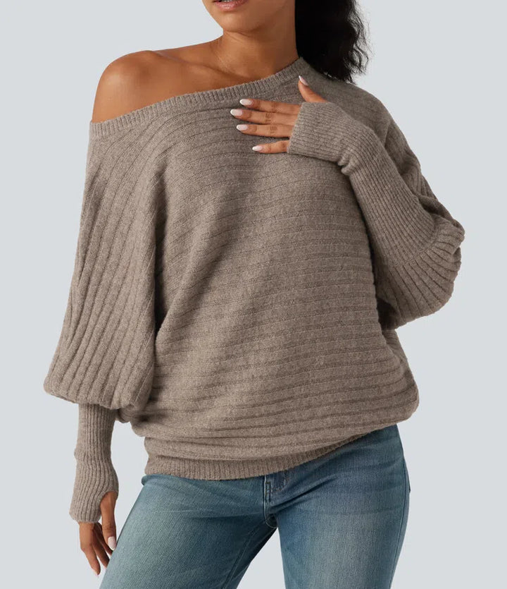 Boat Neck Batwing Long Sleeve Thumb Hole Casual Wool-Blend Jumper