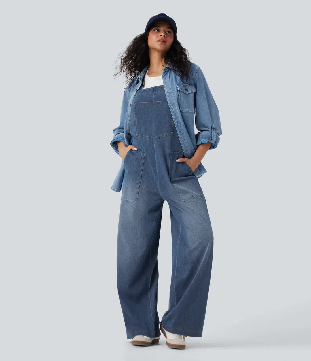 Halara Flex Square Neck Washed Denim Casual Dungarees with Pockets