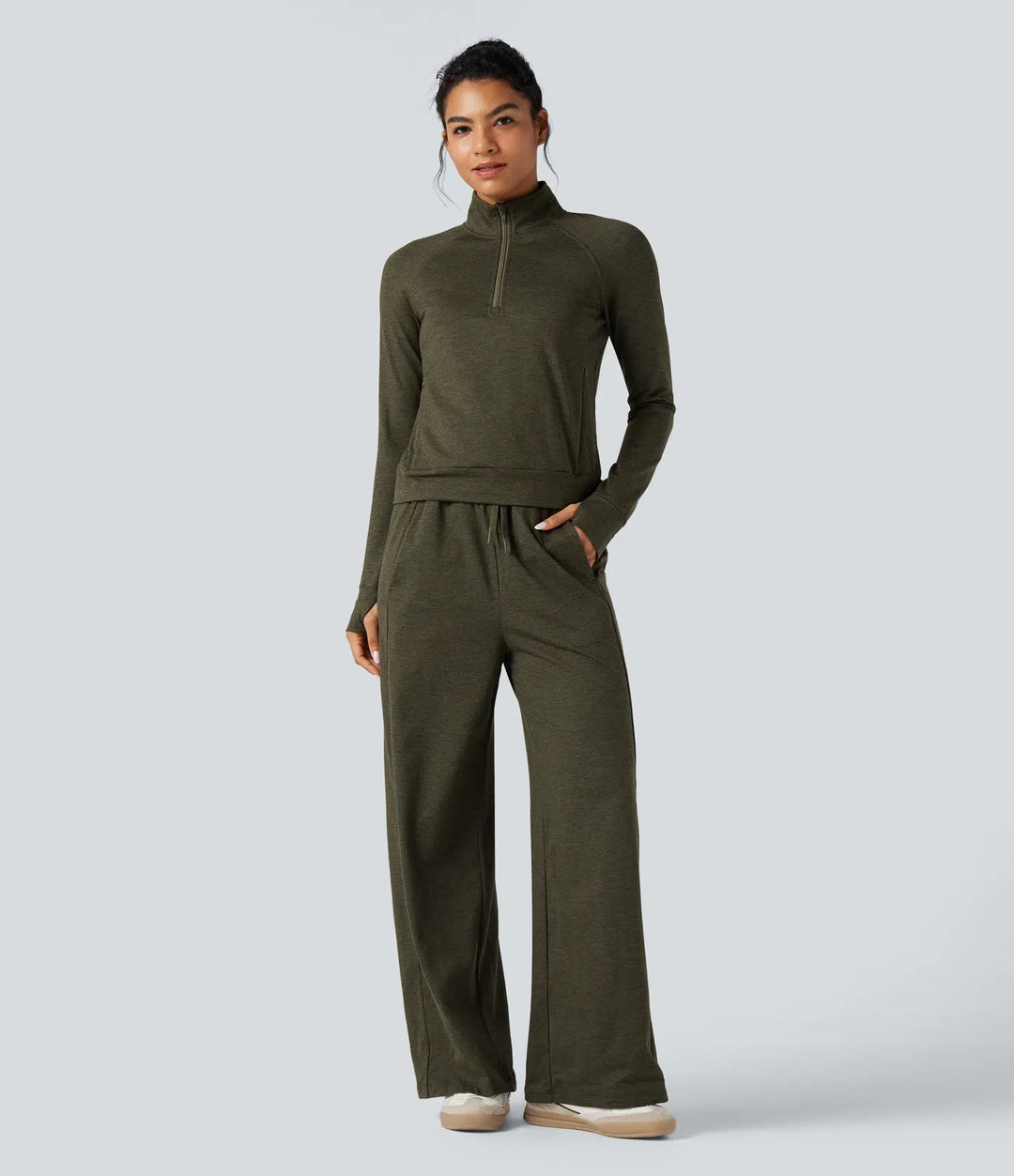 Half Zipper Thumb Holes Quick Dry Fleece Casual Heathered Sweatshirt with Pockets-UPF40+