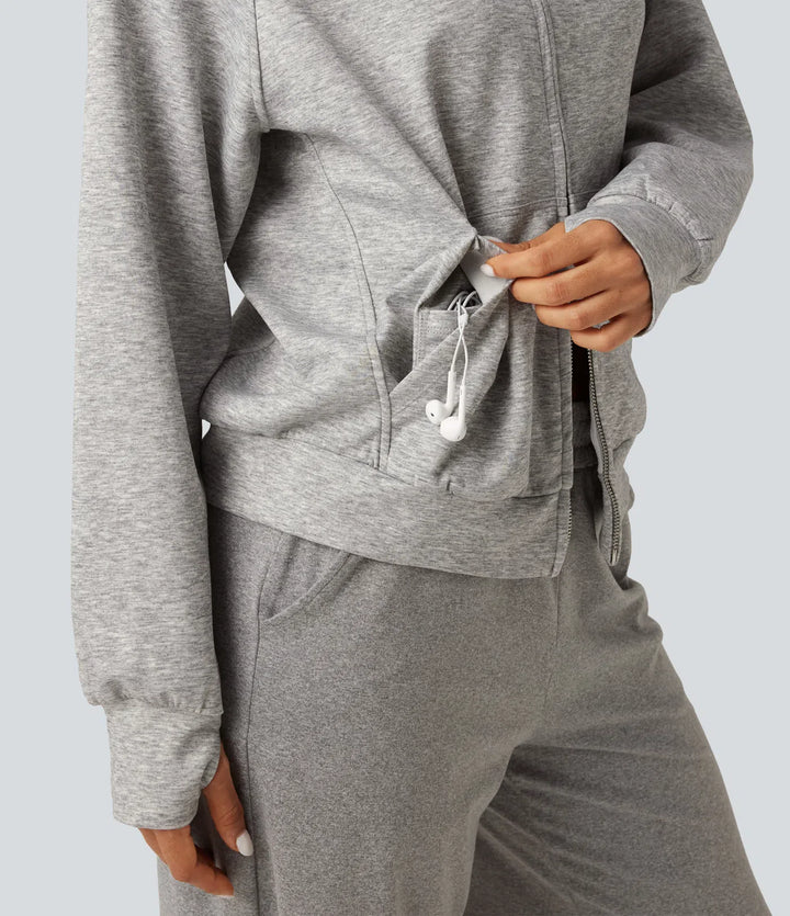 High Neck 2-Way Zipper Long Sleeve Thumb Hole Casual Jacket with Pockets