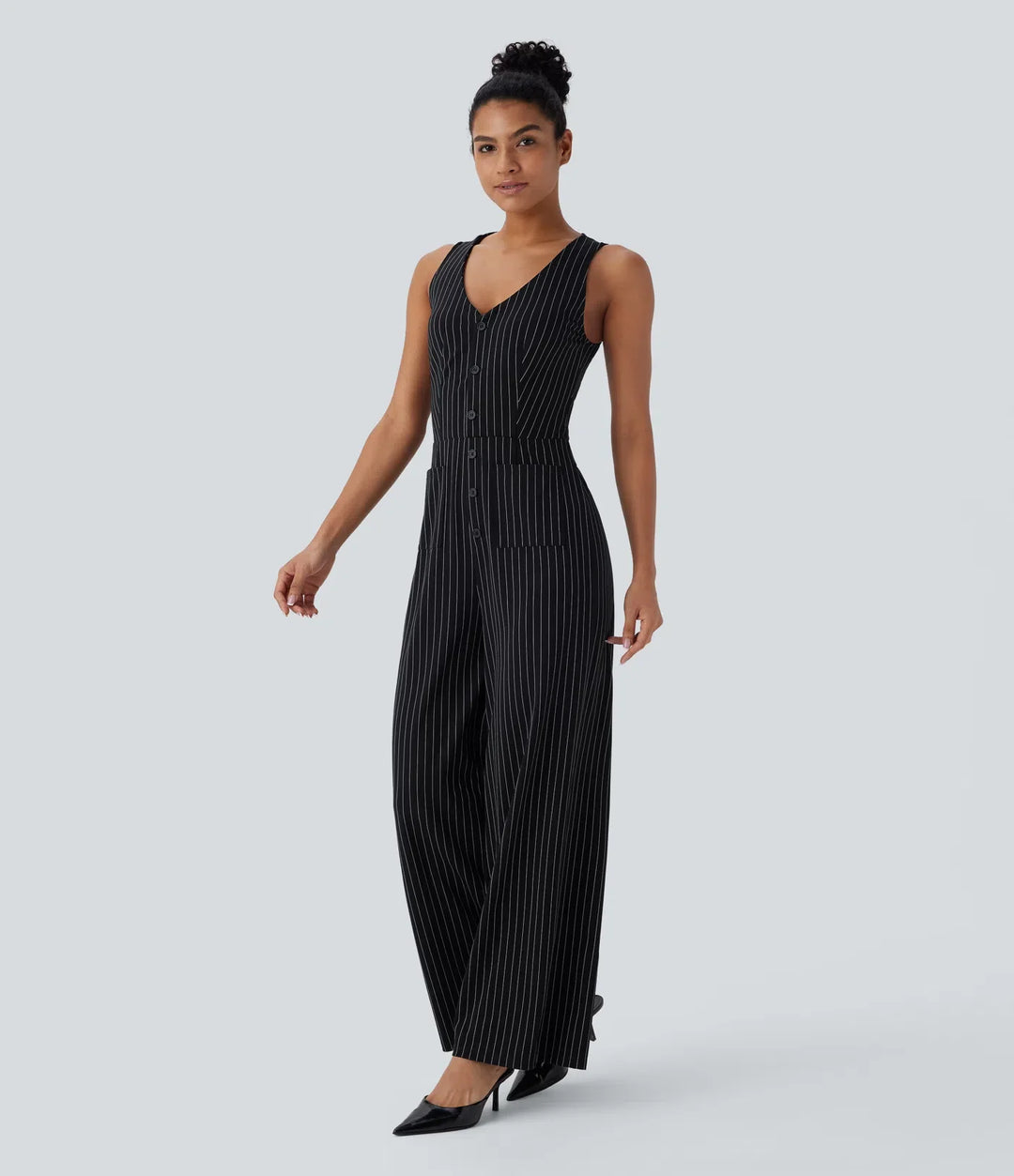 V Neck Sleeveless Cut Out Pockets Wide Leg Stripe InstantCool Work Jumpsuit