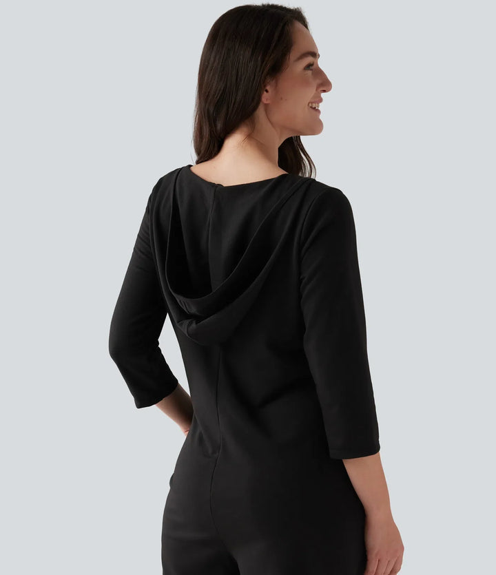 Hooded 3/4 Sleeve Baggy Relaxed Casual Jumpsuit with Pockets