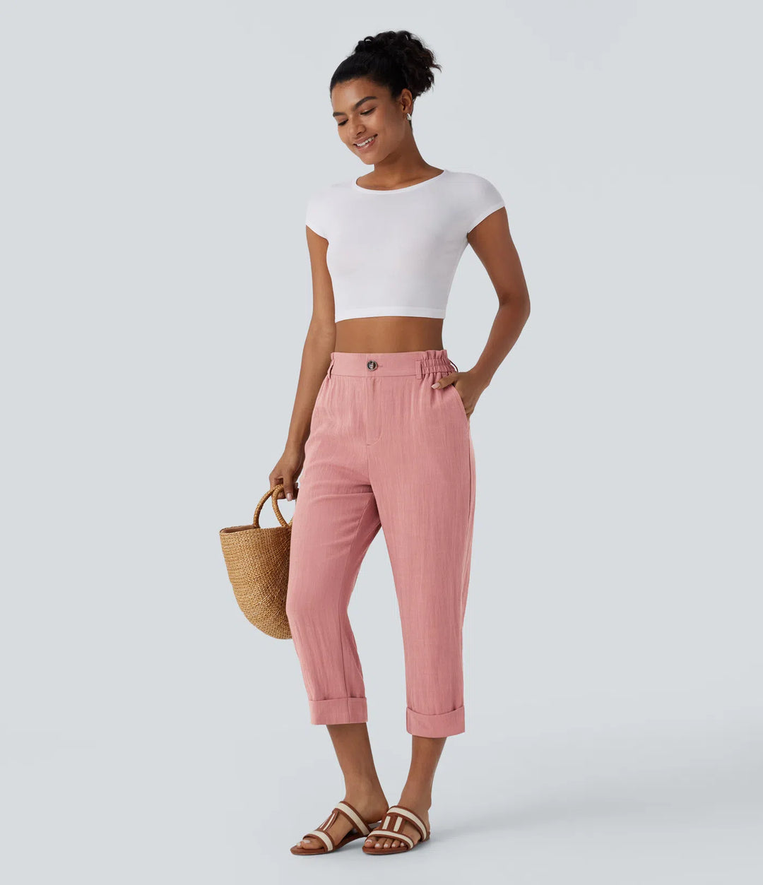 High Waisted Zipper Pocket Cropped Linen-Feel Trousers