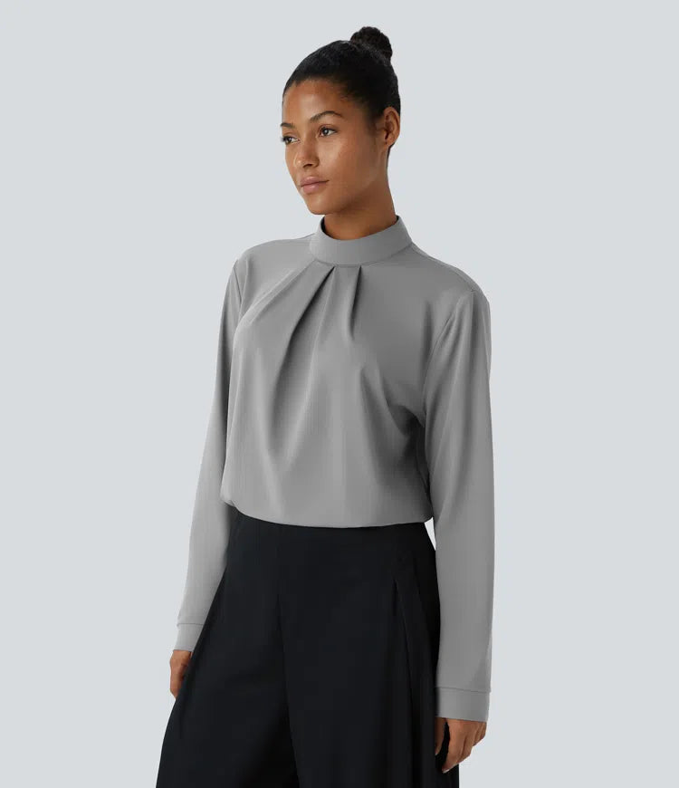 Stand Collar Button Back Long Sleeve Work Blouse
