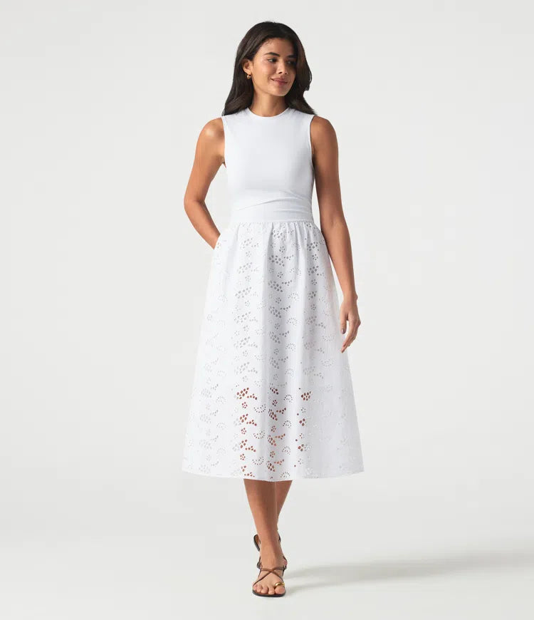 Round Neck Sleeveless Midi Embroidery Eyelet Resort Dress with Pockets
