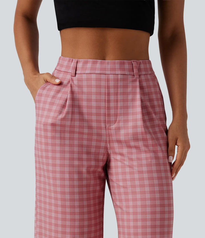Halara Flex High Waisted Straight Leg Plaid Work Trousers with Pockets