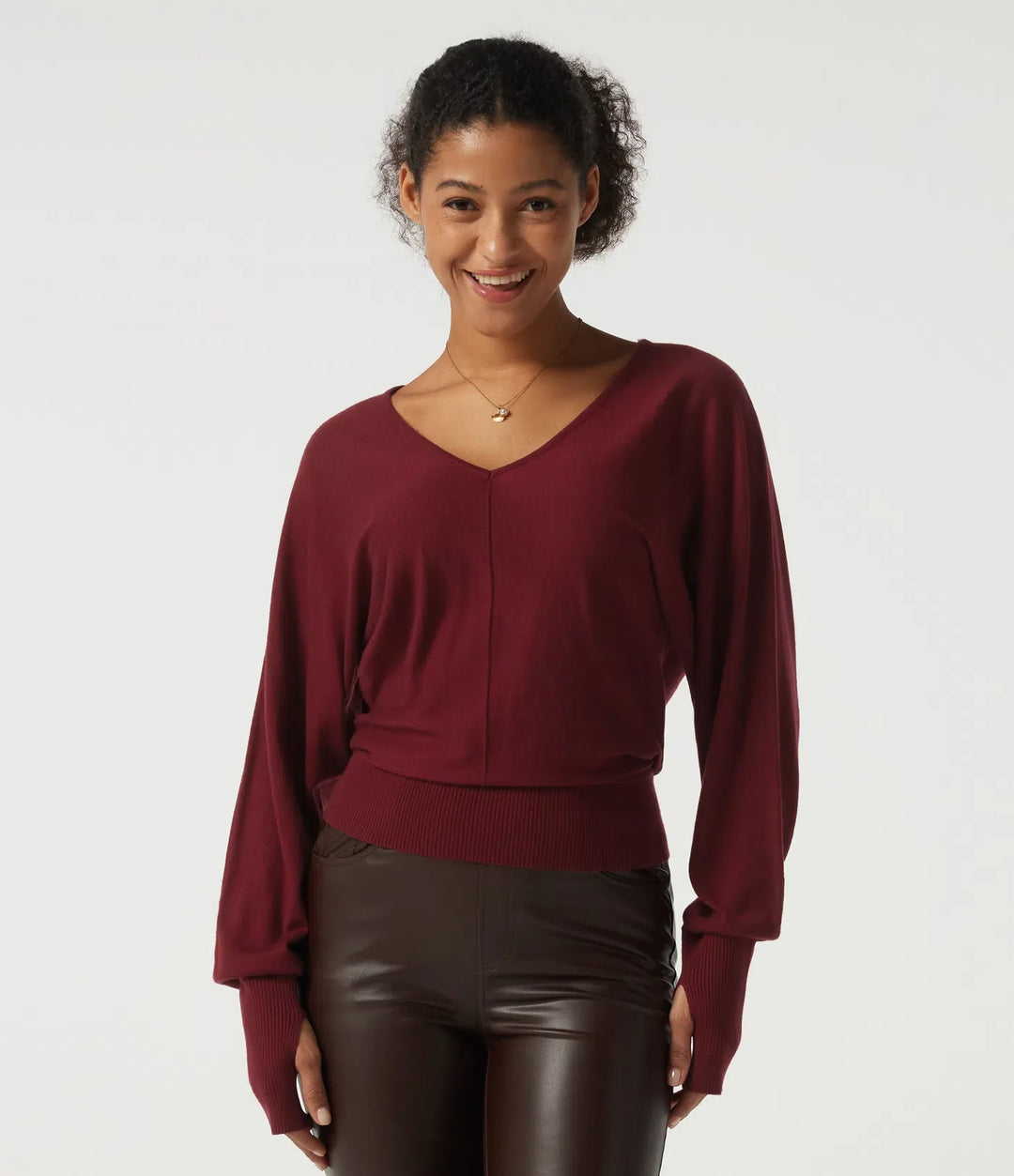 V Neck Batwing Long Sleeve Casual Jumper with Thumbholes