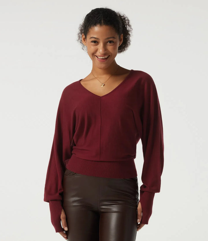 V Neck Batwing Long Sleeve Casual Jumper with Thumbholes