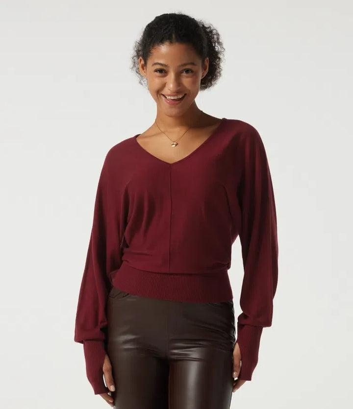 V Neck Batwing Long Sleeve Casual Jumper with Thumbholes