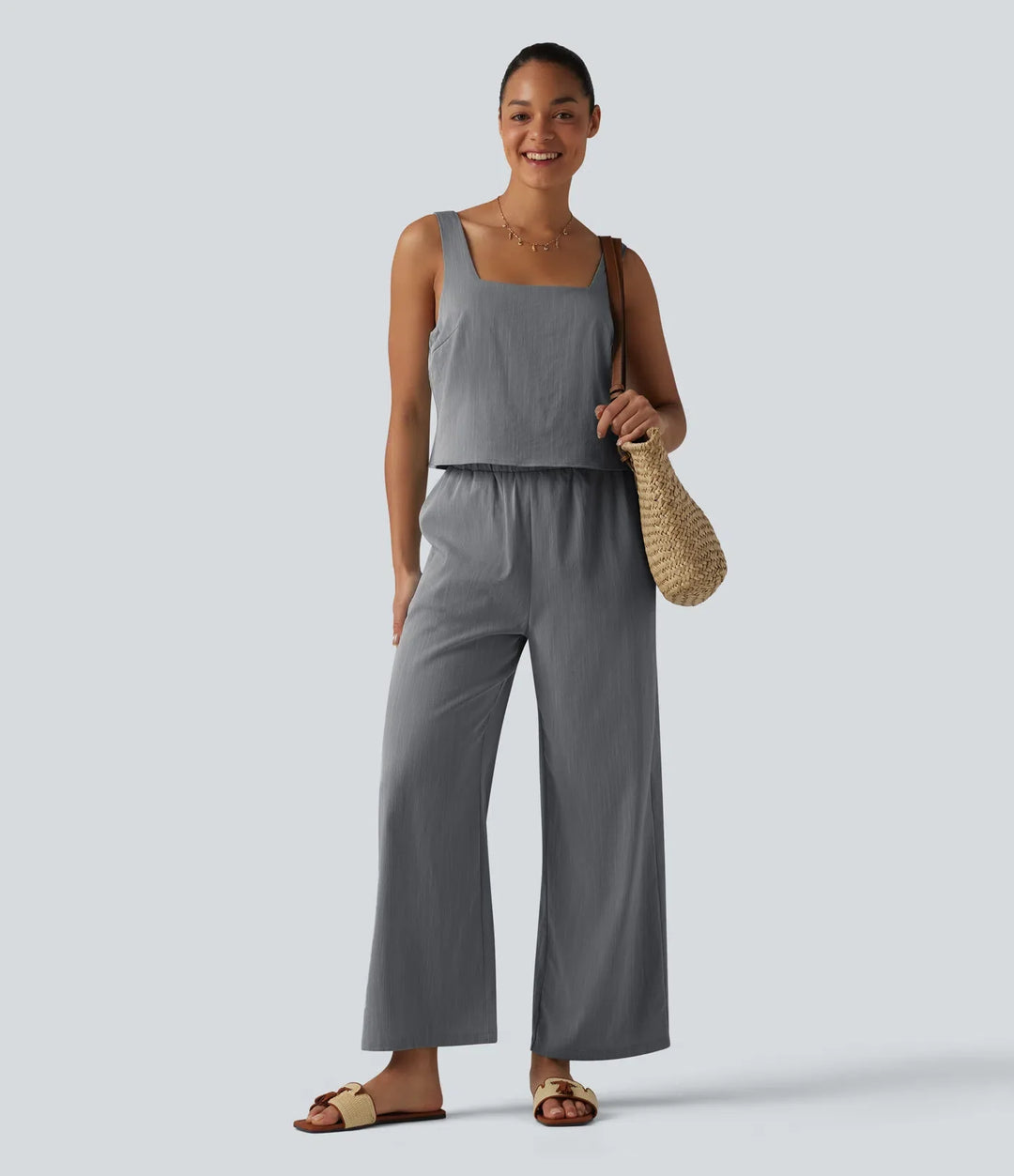Square Neck Sleeveless Resort Linen-Feel Jumpsuit with Pockets-Easy Peezy