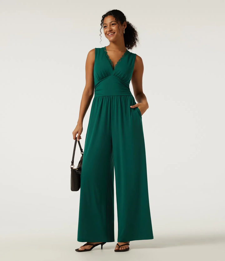 Deep V Neck Sleeveless Slim Contrast Lace Party Wide Leg Jumpsuits with Built-in Bra and Pockets - Easy Peezy Edition