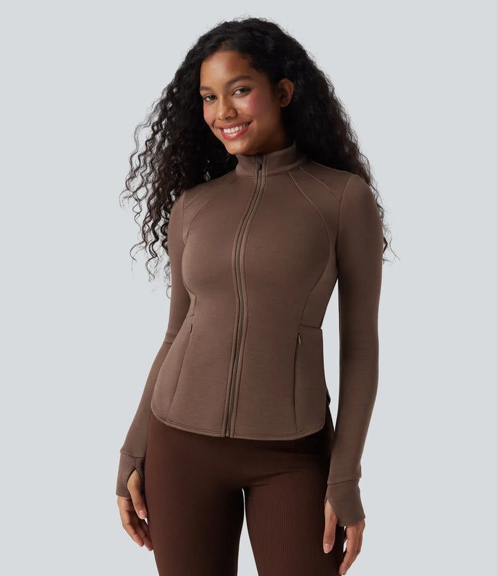SpacerTek Stand Collar Reglan Long Sleeve Thumb Holes Workout Jacket