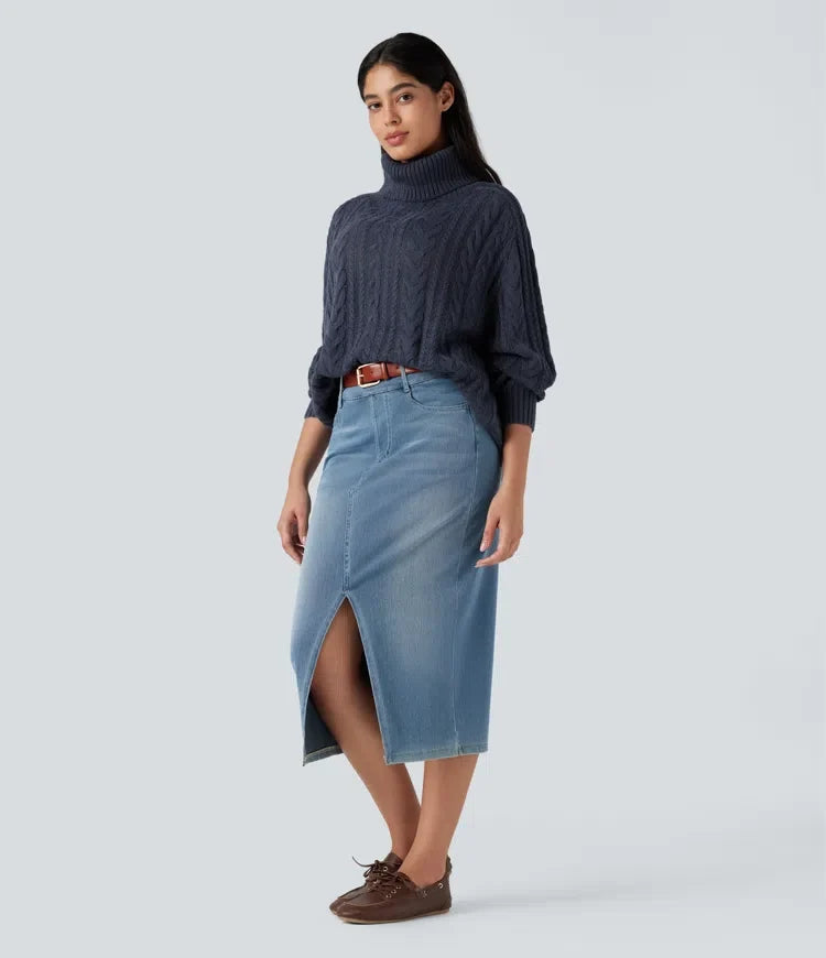 High Neck Long Sleeve Cable Knit Casual Jumper