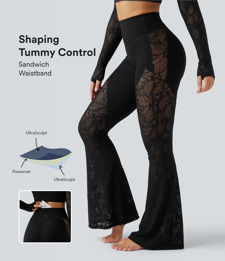 Halara UltraSculpt High Waisted Tummy Control Contrast Lace Yoga Flare Trousers with Pocket