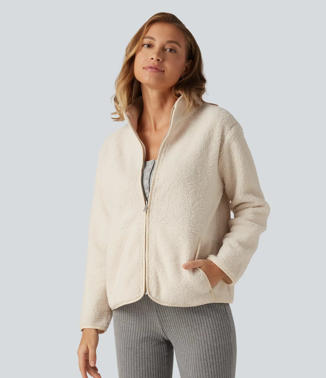 Long Sleeve Casual Sherpa Jacket with Pockets