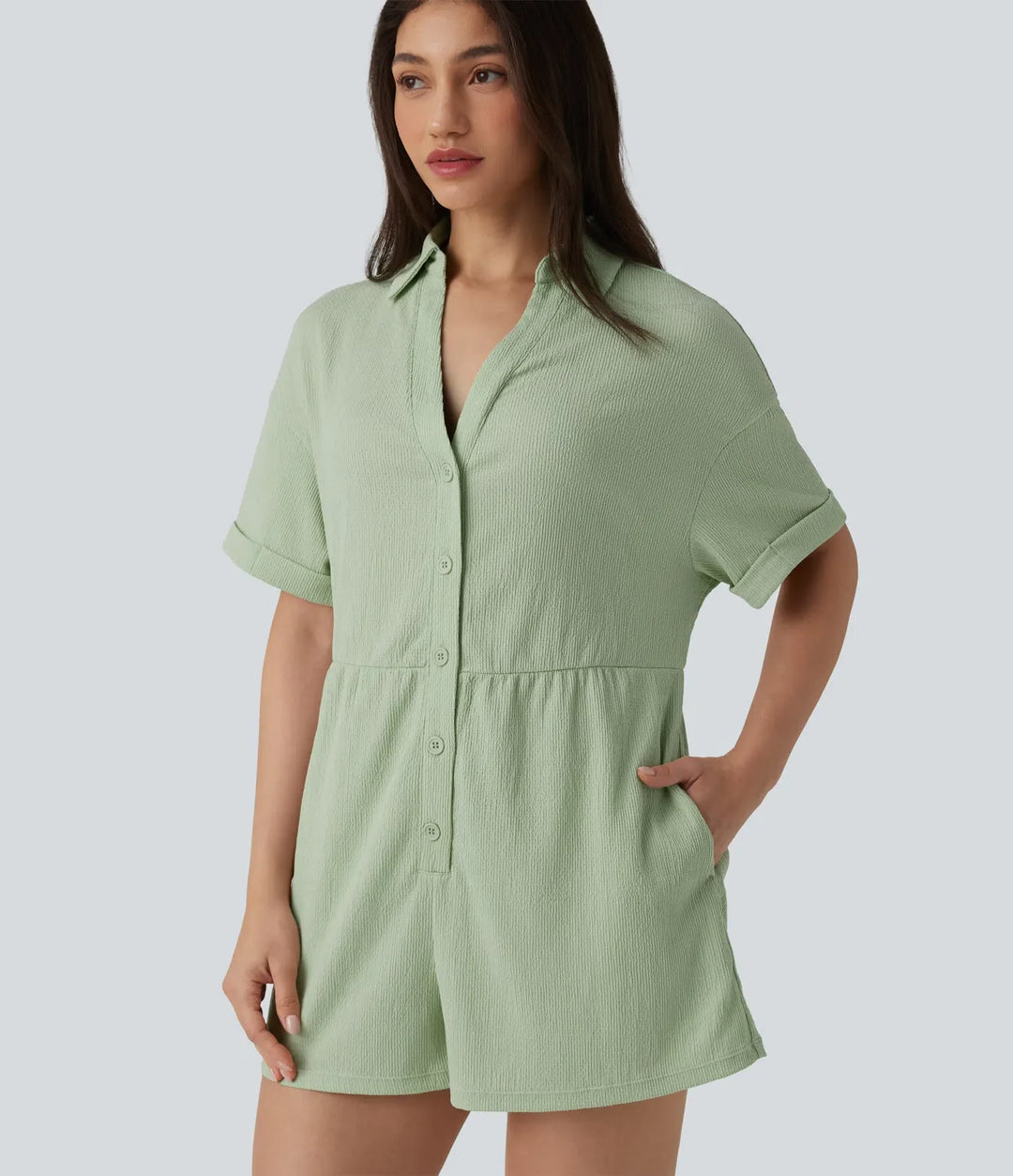 Dropped Shoulder Short Sleeve Romper with Pockets