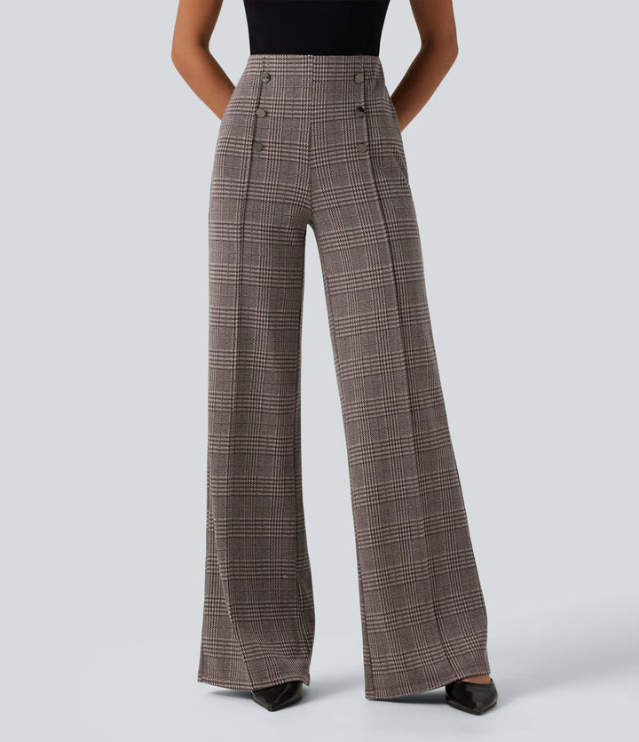 High Waisted Wide Leg Plaid Casual Trousers with Pockets