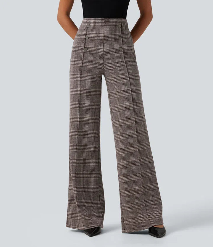 High Waisted Wide Leg Plaid Casual Trousers with Pockets