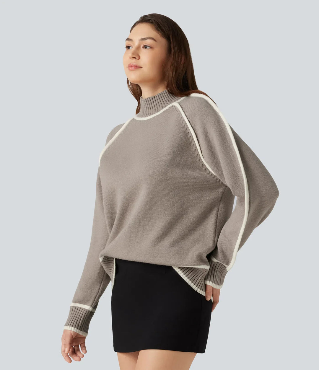 Mock Neck Raglan Long Sleeve Color Block Work Jumper