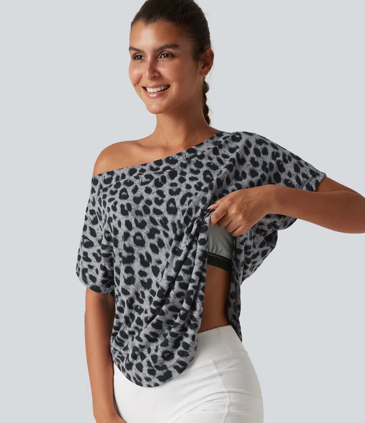 One Shoulder Short Sleeve Leopard Print Built-in Bra Curved Hem High Low Yoga Sports Top